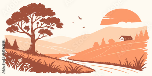 A serene landscape with a tree and a house Vector