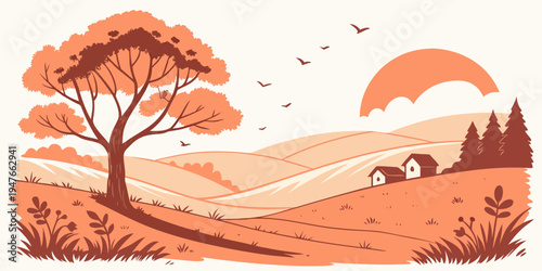 A serene landscape with a tree and a house Vector