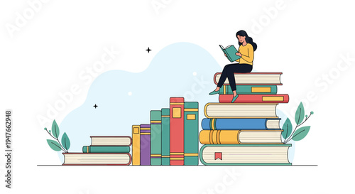 Education and knowledge concept featuring a young woman sitting on top of a tall stack of colorful books and reading a novel.