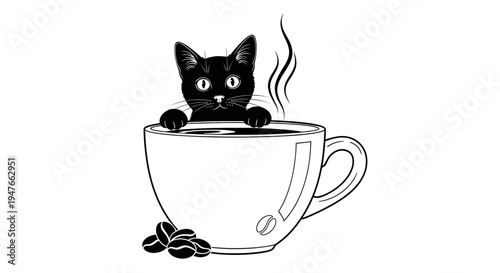 Charming hand-drawn illustration featuring a curious black kitten playfully emerging from a steaming coffee cup, accompanied by fresh coffee beans, perfect for cozy beverage themes and pet lovers