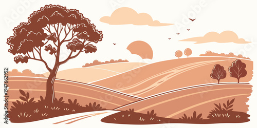 A tree stands alone on a hill with a winding road Vector