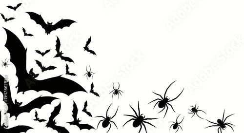 Creepy Halloween Scene with Flying Bats and Spiders Silhouettes, Perfect for Spooky Decorations and Party Invitations