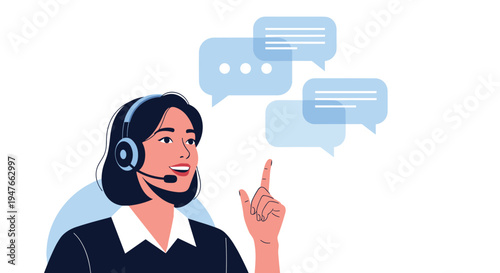 Professional customer support representative with a headset gesturing towards speech bubbles representing communication and service.