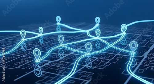 Futuristic GPS Navigation Network with Neon Blue Map Routes and Glowing Location Pins Technology Background