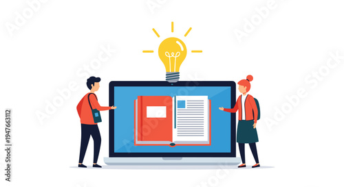 Online education and creative learning concept showing two students with a laptop displaying a book and a shining light bulb.