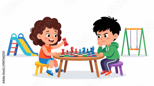 Children playing chess on a playground with swings and slides in the background, highlighting strategic thinking and outdoor fun