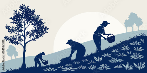 People working on a farm in the countryside Vector