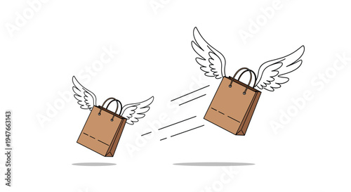 Fast delivery and retail shopping concept featuring two brown paper shopping bags with white wings flying on white background.