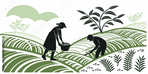 Farmers working in a field with plants Vector
