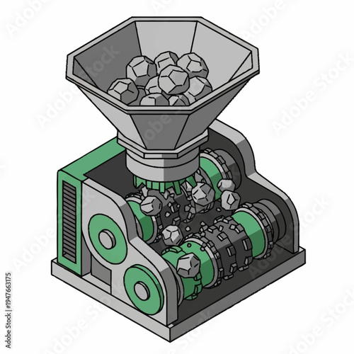 Isometric illustration of a rock crusher machine with rocks inside, gray and green color scheme.