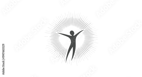 Joyful human silhouette with arms raised in a sunburst pattern symbolizing health freedom vitality and positive energy on white.