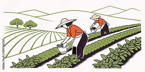 Two farmers working in a field with crops Vector