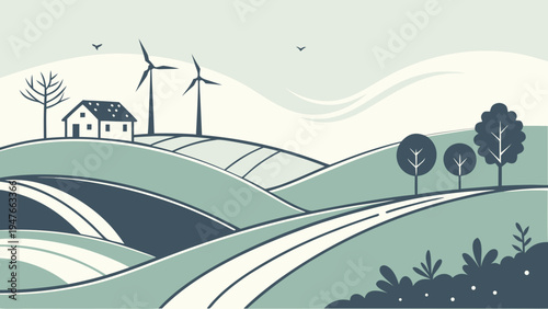 Eco Wind Turbines on Rolling Green Hills Vector Landscape