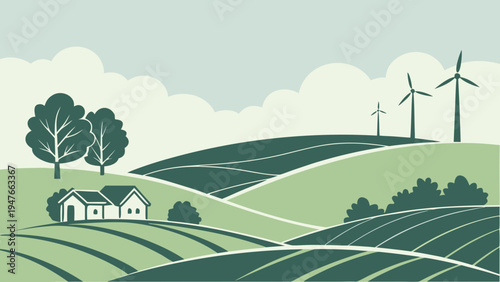 Eco Wind Turbines on Rolling Green Hills Vector Landscape