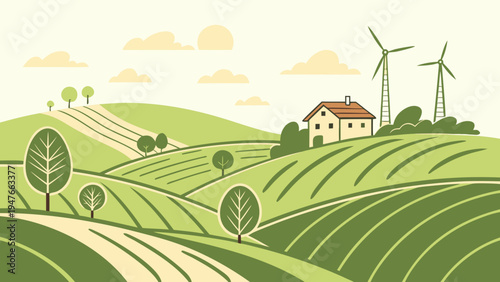 Eco Wind Turbines on Rolling Green Hills Vector Landscape