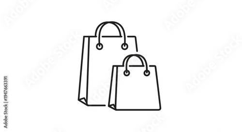 Minimalist outline icon of two paper shopping bags in different sizes for retail commerce and consumer shopping sale promotions.