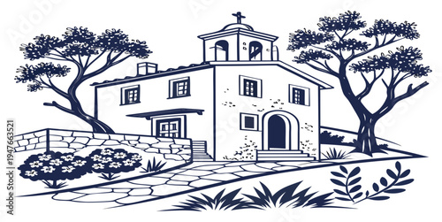 A large house with a tower and trees Vector