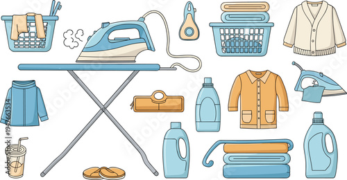 Stylized laundry and garment care illustration with ironing board, detergent, baskets and household items for cleaning vector design projects