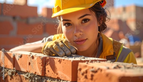 A woman in a yellow hard hat and gloves smiling