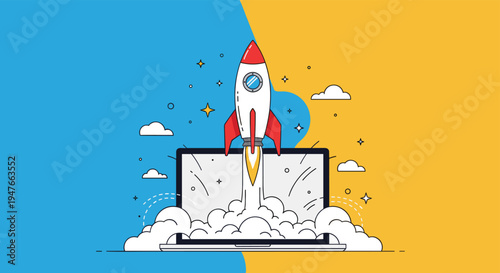 Business startup concept showing a rocket launching from a laptop against a split blue and yellow background with white clouds.