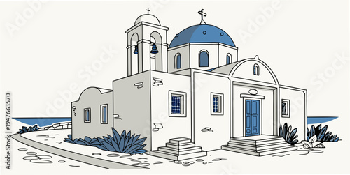 A white church with blue domes and a cross on top Vector