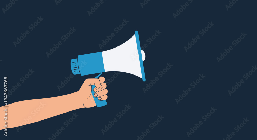 Fototapeta premium Illustration of a human hand holding a blue and white megaphone with a loud speaker against a dark navy blue background.