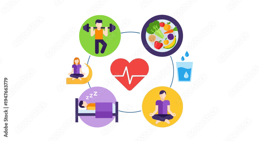 Fototapeta premium Healthy Lifestyle Concept with Exercise Nutrition Sleep Meditation and Hydration