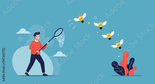 Illustration of a man in a red sweater using a butterfly net to catch glowing lightbulbs with wings flying through the blue sky.