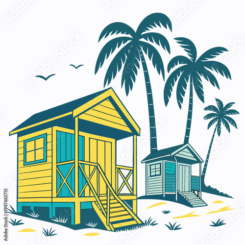 A small yellow beach hut with a porch and stairs Vector