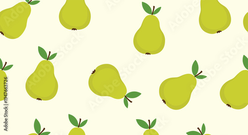 Seamless pattern of green pears with leaves scattered randomly across a light cream colored background for kitchen or fabric design.
