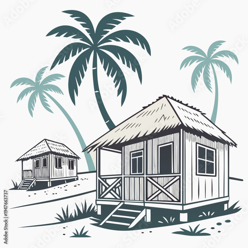 A small beach hut with a porch and palm trees Vector