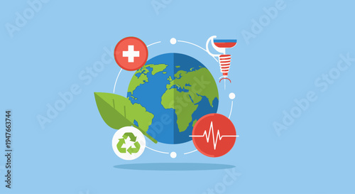 Global Healthcare and Sustainable Medicine Concept with Earth Heartbeat Vaccine and Recycling Symbol