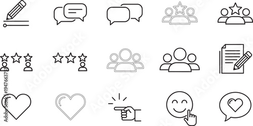 A collection of 12 black and white line icons depicting various communication and social media symbols