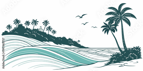A tropical island with palm trees and birds flying overhead Vector