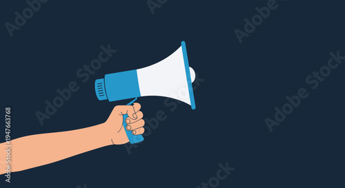Illustration of a human hand holding a blue and white megaphone with a loud speaker against a dark navy blue background.