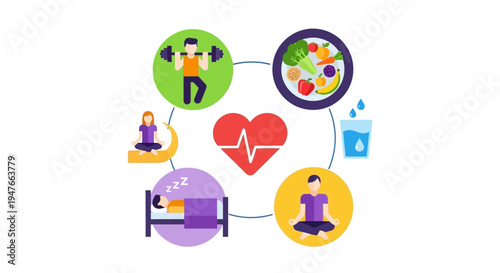 Healthy Lifestyle Concept with Exercise Nutrition Sleep Meditation and Hydration