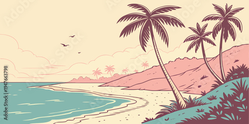 A tropical beach with palm trees on a sandy shore Vector