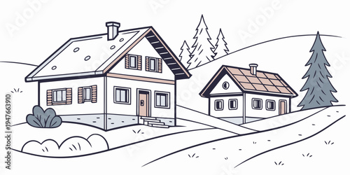 A house and a smaller building in a snowy landscape Vector