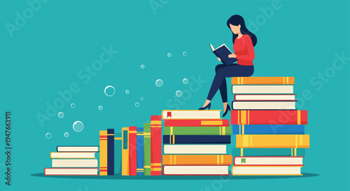 Illustration of a woman in a red top sitting on a tall stack of colorful books while reading another book on a blue background.