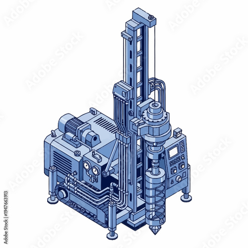 Isometric illustration of a drilling machine, showing its detailed components and structure.