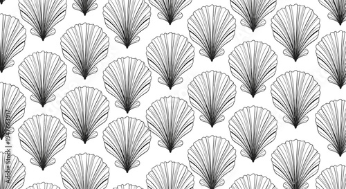 Intricate black and white pattern of fan-shaped seashells with fine line details repeated in rows on a clean white background.