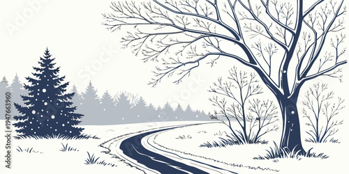 A snowy road with trees on a winter day Vector