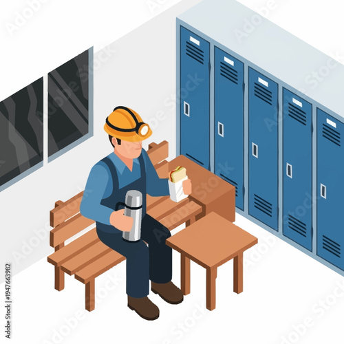 Isometric illustration of a miner on break in a locker room.