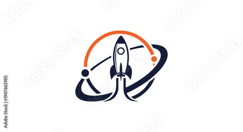 Modern logo design featuring a dark blue rocket ship launching upwards through an orange and dark blue orbital path on a white background.