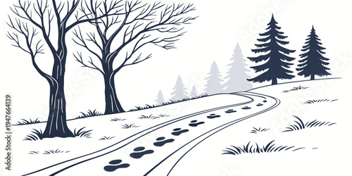 A snowy landscape with trees and tire tracks Vector