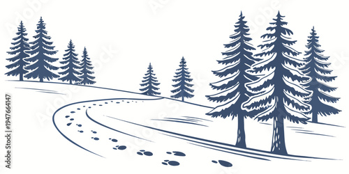A blue illustration of a snowy path through pine trees Vector