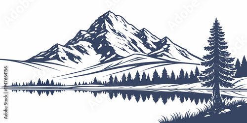 A serene mountain landscape with a lake and trees Vector