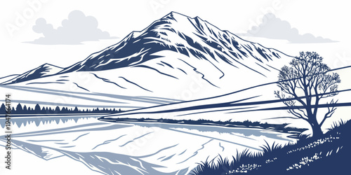 A snowy mountain landscape with a tree Vector