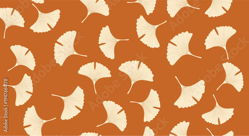 Striking pattern of cream colored ginkgo biloba leaves with fine line details scattered on a bold burnt orange background.