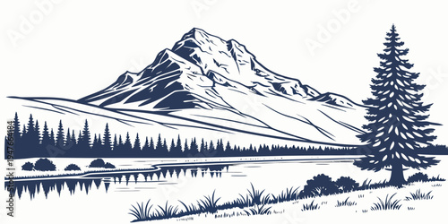 A serene snowy mountain landscape with a pine tree Vector